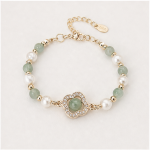 Quatrefoil Pave Station Bracelet with Jade Beads and Freshwater Pearls in Gold Tone - Image 9