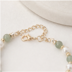 Quatrefoil Pave Station Bracelet with Jade Beads and Freshwater Pearls in Gold Tone - Image 7