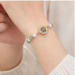 Quatrefoil Pave Station Bracelet with Jade Beads and Freshwater Pearls in Gold Tone - Image 2