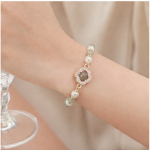 Quatrefoil Pave Station Bracelet with Jade Beads and Freshwater Pearls in Gold Tone - Image 6