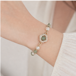 Quatrefoil Pave Station Bracelet with Jade Beads and Freshwater Pearls in Gold Tone - Image 4