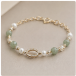 Open Marquise Pave Link Bracelet with Jade Beads and Pearls in Gold Tone