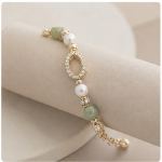 Open Marquise Pave Link Bracelet with Jade Beads and Pearls in Gold Tone - Image 7