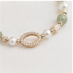 Open Marquise Pave Link Bracelet with Jade Beads and Pearls in Gold Tone - Image 5