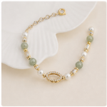 Open Marquise Pave Link Bracelet with Jade Beads and Pearls in Gold Tone - Image 8