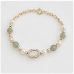 Open Marquise Pave Link Bracelet with Jade Beads and Pearls in Gold Tone - Image 3