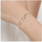 Open Marquise Pave Link Bracelet with Jade Beads and Pearls in Gold Tone - Image 2