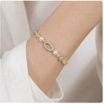 Open Marquise Pave Link Bracelet with Jade Beads and Pearls in Gold Tone - Image 6