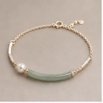 Curved Jade Bar Bracelet with Single Pearl in Gold Tone