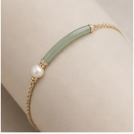 Curved Jade Bar Bracelet with Single Pearl in Gold Tone - 图片 3