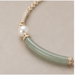 Curved Jade Bar Bracelet with Single Pearl in Gold Tone - 图片 7