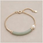 Curved Jade Bar Bracelet with Single Pearl in Gold Tone - 图片 5