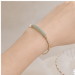 Curved Jade Bar Bracelet with Single Pearl in Gold Tone - 图片 4