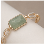 Emerald-Cut Green Stone Bracelet with Pave Oval Links in Gold Tone - Image 3