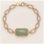 Emerald-Cut Green Stone Bracelet with Pave Oval Links in Gold Tone