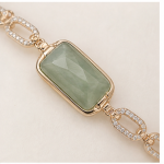 Emerald-Cut Green Stone Bracelet with Pave Oval Links in Gold Tone - Image 5