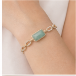 Emerald-Cut Green Stone Bracelet with Pave Oval Links in Gold Tone - Image 2