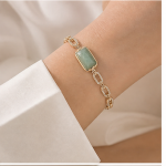 Emerald-Cut Green Stone Bracelet with Pave Oval Links in Gold Tone - Image 4