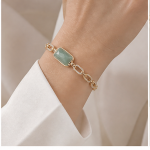 Emerald-Cut Green Stone Bracelet with Pave Oval Links in Gold Tone - Image 6