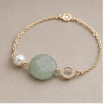 Round Green Jade and Pearl Station Bracelet in Gold-Plated Brass