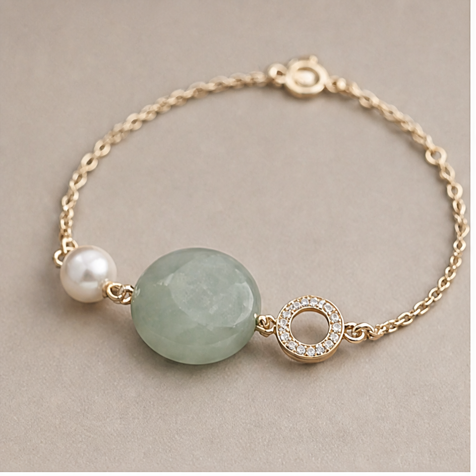 1786597787_461c3308-1 Round Green Jade and Pearl Station Bracelet in Gold-Plated Brass - Image 1
