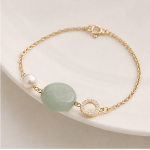 Round Green Jade and Pearl Station Bracelet in Gold-Plated Brass - Image 5