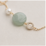Round Green Jade and Pearl Station Bracelet in Gold-Plated Brass - Image 7