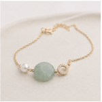 Round Green Jade and Pearl Station Bracelet in Gold-Plated Brass - Image 8