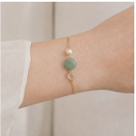 Round Green Jade and Pearl Station Bracelet in Gold-Plated Brass - Image 6