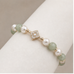 Green Jade and Pearl Beaded Stretch Bracelet with Pave Diamond-Shape Station - Image 3