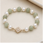 Green Jade and Pearl Beaded Stretch Bracelet with Pave Diamond-Shape Station