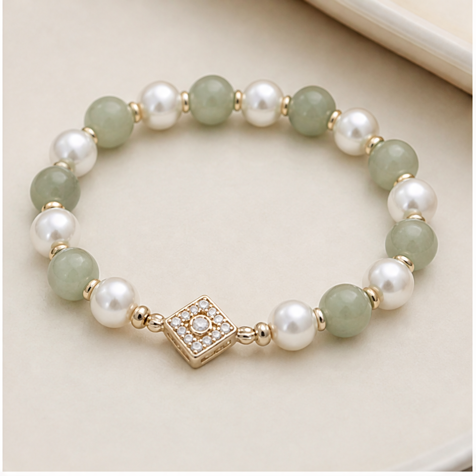 1786597804_4090378a-2 Green Jade and Pearl Beaded Stretch Bracelet with Pave Diamond-Shape Station - Image 1