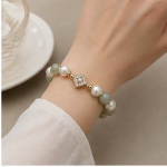 Green Jade and Pearl Beaded Stretch Bracelet with Pave Diamond-Shape Station - Image 2