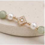 Green Jade and Pearl Beaded Stretch Bracelet with Pave Diamond-Shape Station - Image 4
