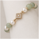 Green Jade and Pearl Beaded Stretch Bracelet with Pave Diamond-Shape Station - Image 5