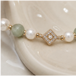 Green Jade and Pearl Beaded Stretch Bracelet with Pave Diamond-Shape Station - Image 7