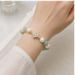 Green Jade and Pearl Beaded Stretch Bracelet with Pave Diamond-Shape Station - Image 6