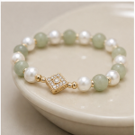 Green Jade and Pearl Beaded Stretch Bracelet with Pave Diamond-Shape Station - Image 8