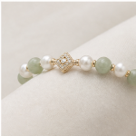 Green Jade and Pearl Beaded Stretch Bracelet with Pave Diamond-Shape Station - Image 9