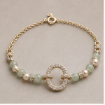 Pave Circle Link Bracelet with Green Jade and Champagne Pearls
