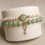 Double Strand Pearl and Green Jade Bracelet with Jade Cabochon Charm