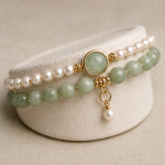 Double Strand Pearl and Green Jade Bracelet with Jade Cabochon Charm - Image 3