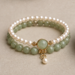 Double Strand Pearl and Green Jade Bracelet with Jade Cabochon Charm - Image 4