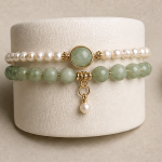 Double Strand Pearl and Green Jade Bracelet with Jade Cabochon Charm - Image 5