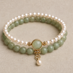 Double Strand Pearl and Green Jade Bracelet with Jade Cabochon Charm - Image 6
