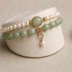 Double Strand Pearl and Green Jade Bracelet with Jade Cabochon Charm - Image 7