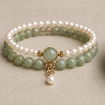 Double Strand Pearl and Green Jade Bracelet with Jade Cabochon Charm - Image 8