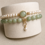 Double Strand Pearl and Green Jade Bracelet with Jade Cabochon Charm - Image 9