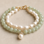 Green Jade and Baroque Pearl Two-Row Bracelet with Pave Cap Drop