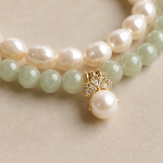 Green Jade and Baroque Pearl Two-Row Bracelet with Pave Cap Drop - Image 3